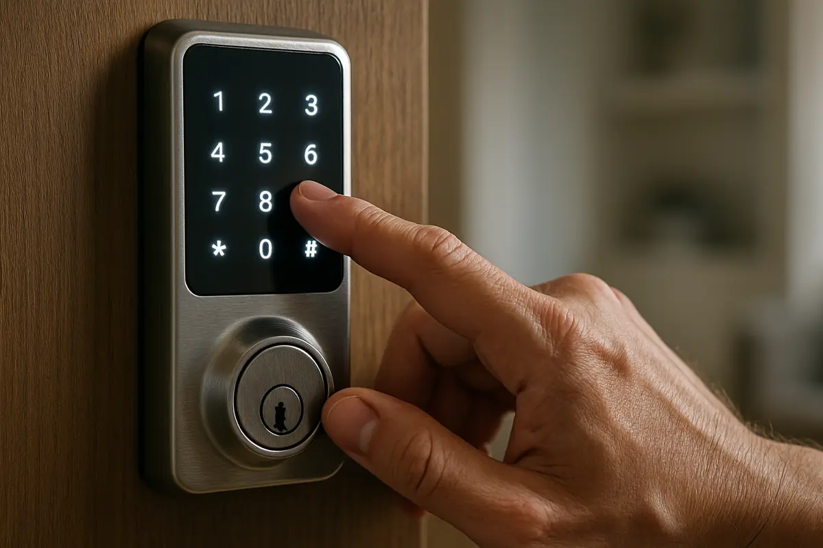 Mão adulta pressionando teclado iluminado de fechadura digital moderna em porta residencial