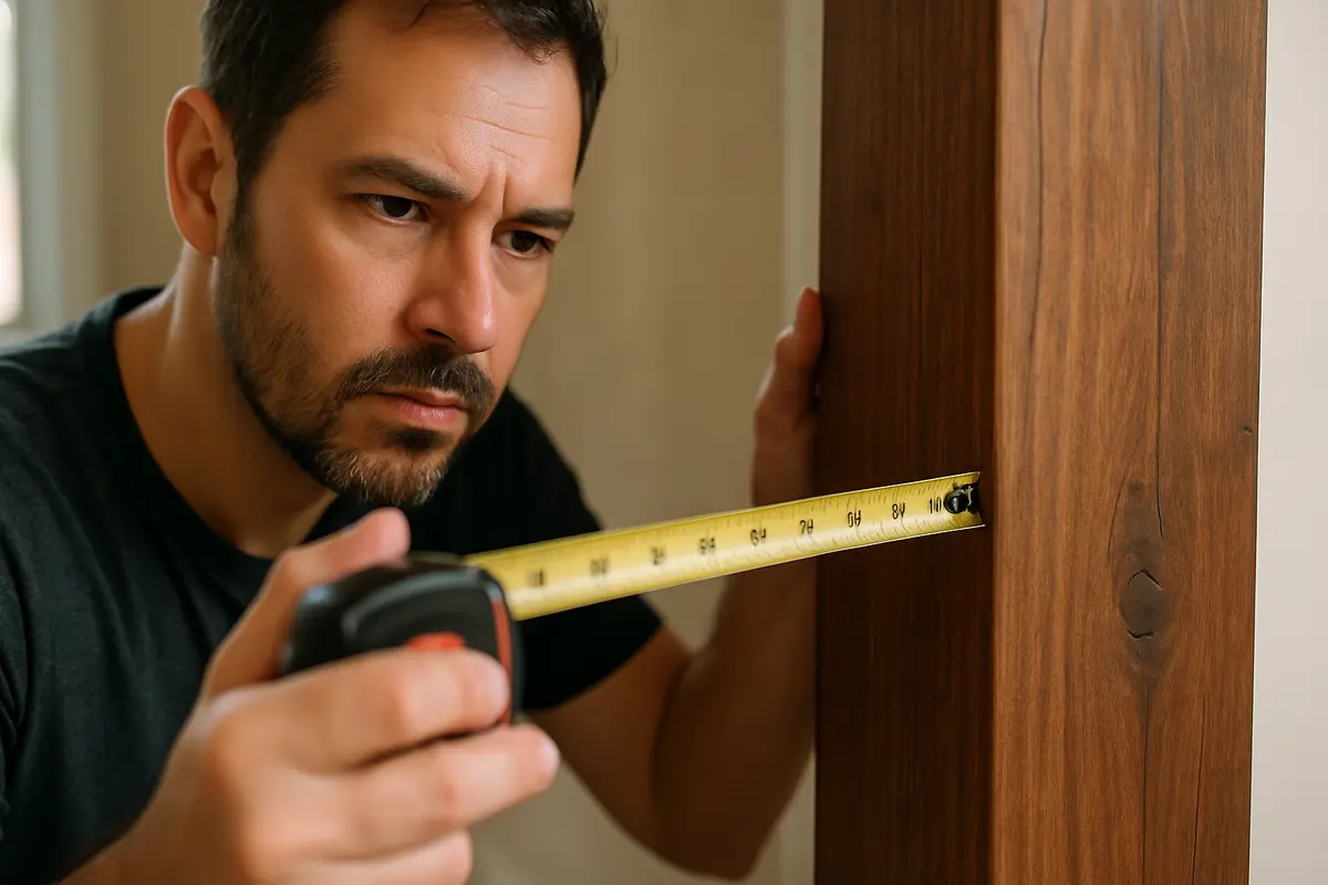 Pessoa medindo largura e perfil de porta de madeira grossa com trena metálica