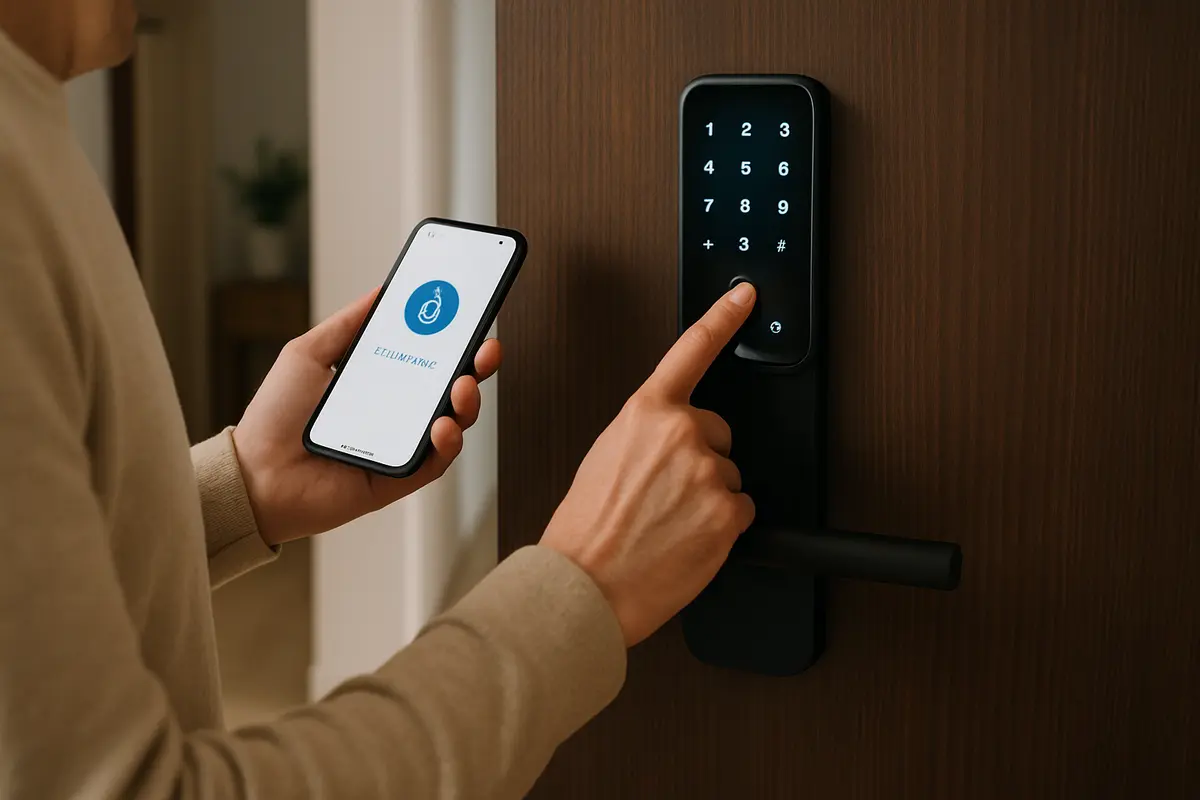 Pessoa adulta abrindo porta de apartamento com fechadura digital moderna usando teclado numerico e smartphone