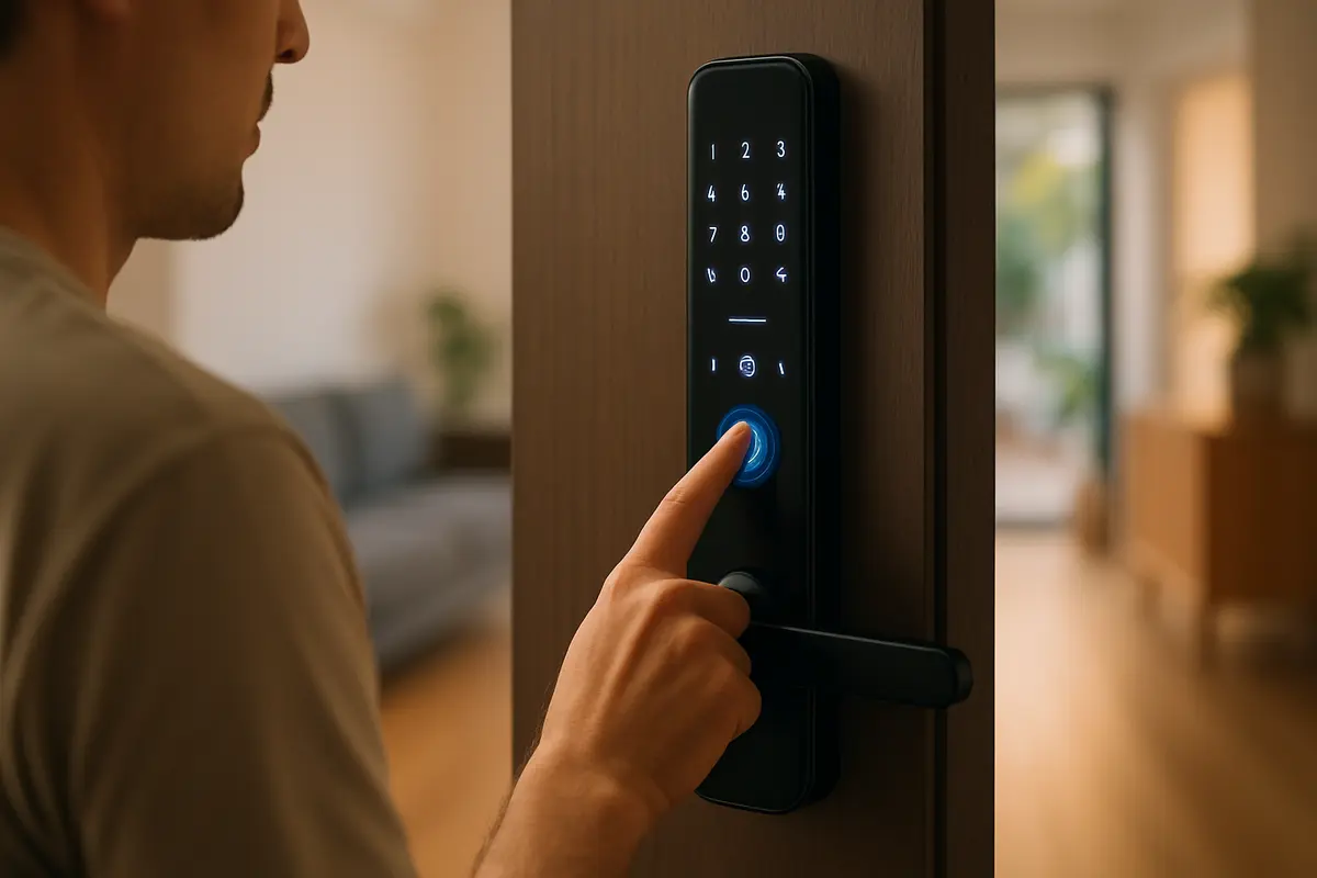 Pessoa adulta utilizando o dedo para acessar a biometria na fechadura digital de porta moderna