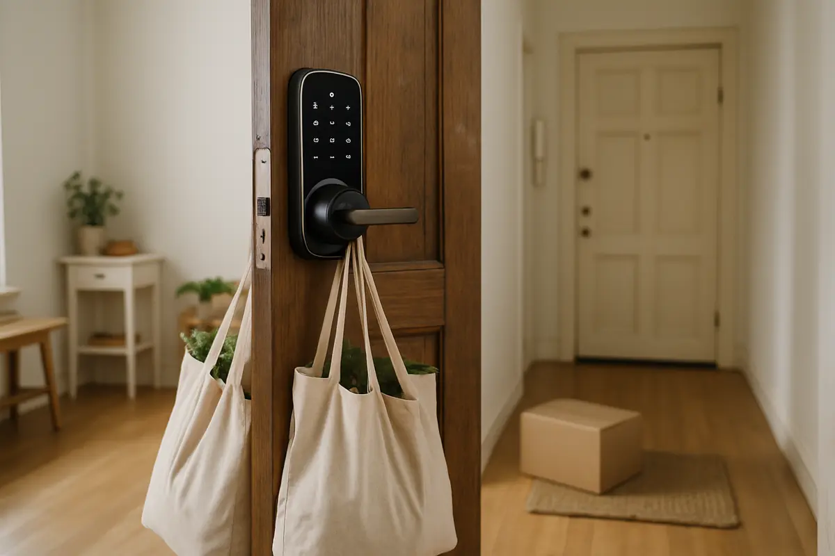 Porta de entrada residencial levemente aberta com fechadura digital moderna instalada