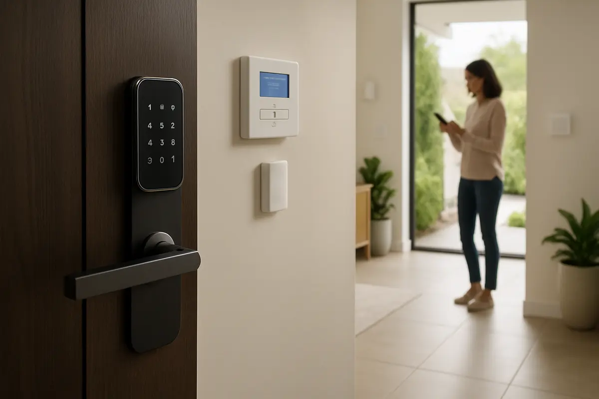 Entrada residencial moderna com porta principal equipada com fechadura digital e painel de controle visível