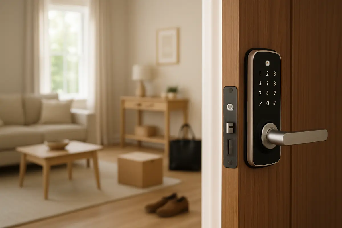 Porta residencial moderna com fechadura digital instalada e ambiente interno organizado ao fundo