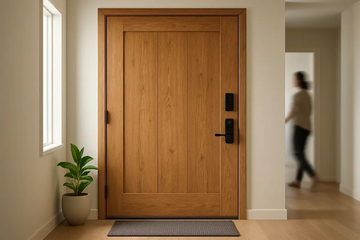 Porta de madeira robusta em entrada residencial com maçaneta tradicional e detalhes de batentes visíveis