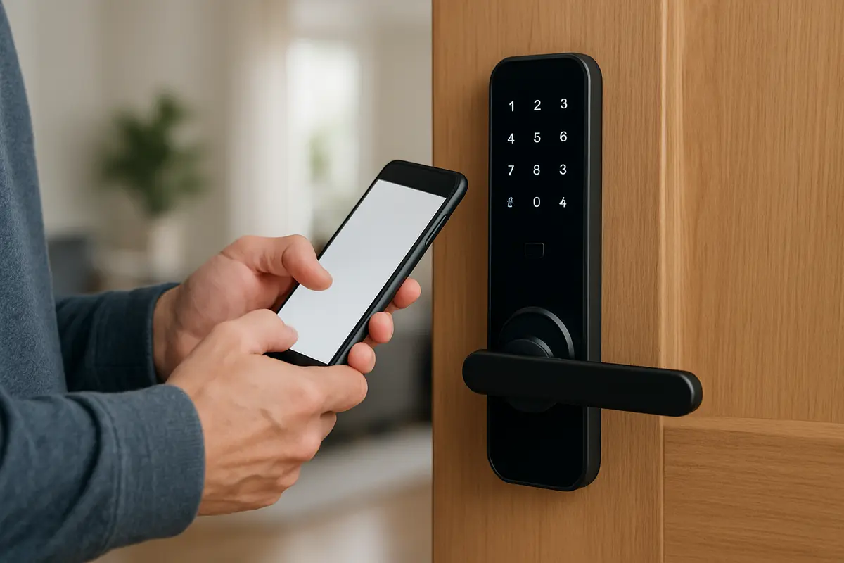 Pessoa adulta usando celular para liberar fechadura digital em porta residencial