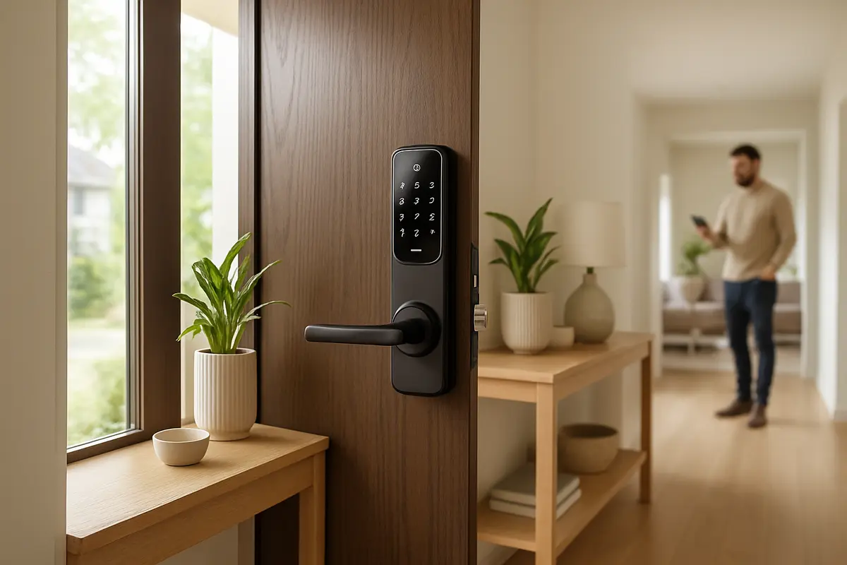 Porta residencial moderna com fechadura digital, painel de acesso e decoração minimalista em ambiente interno iluminado