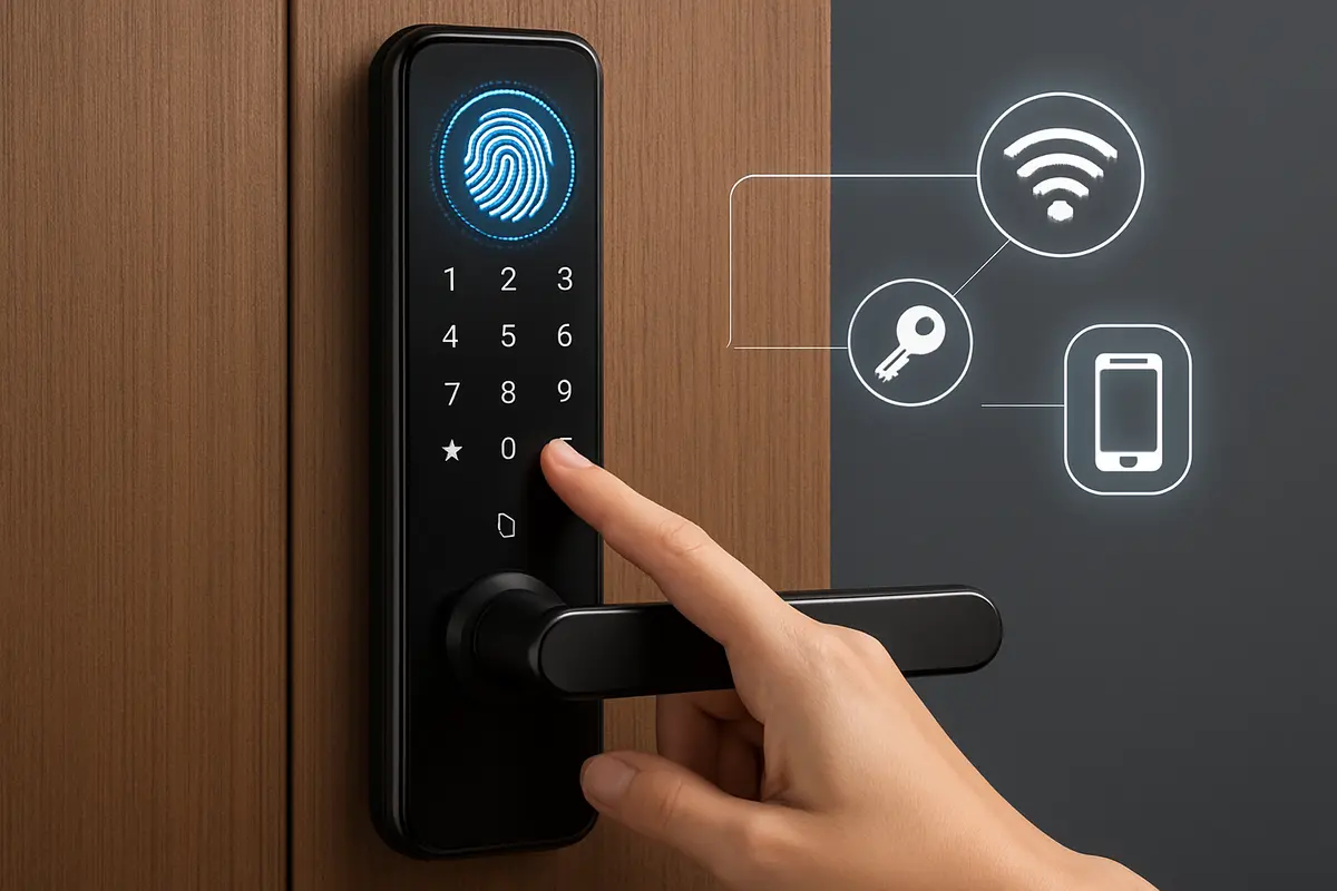 Mão segurando smartphone próximo a fechadura digital moderna em porta residencial