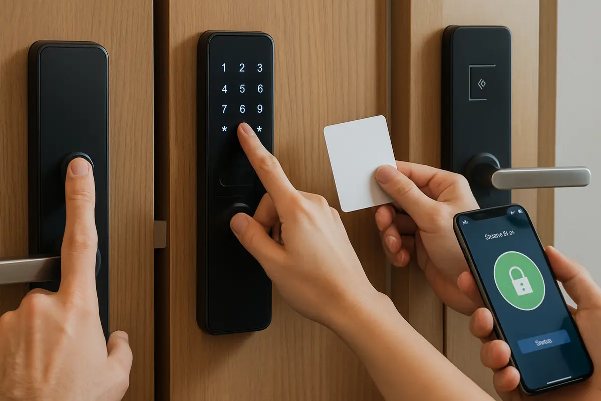 Quatro maos interagindo com diferentes tipos de fechaduras digitais em portas internas