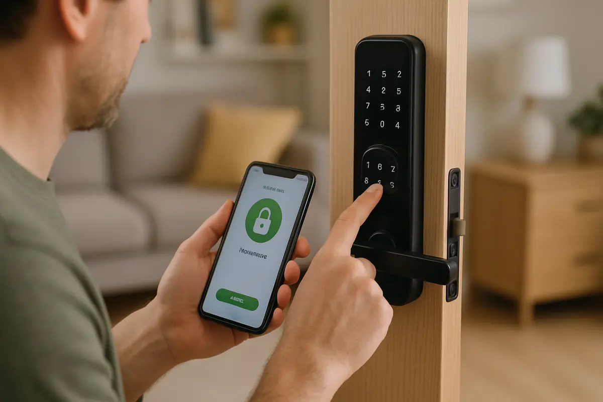 Pessoa adulta usando aplicativo no smartphone para controlar fechadura digital em porta residencial